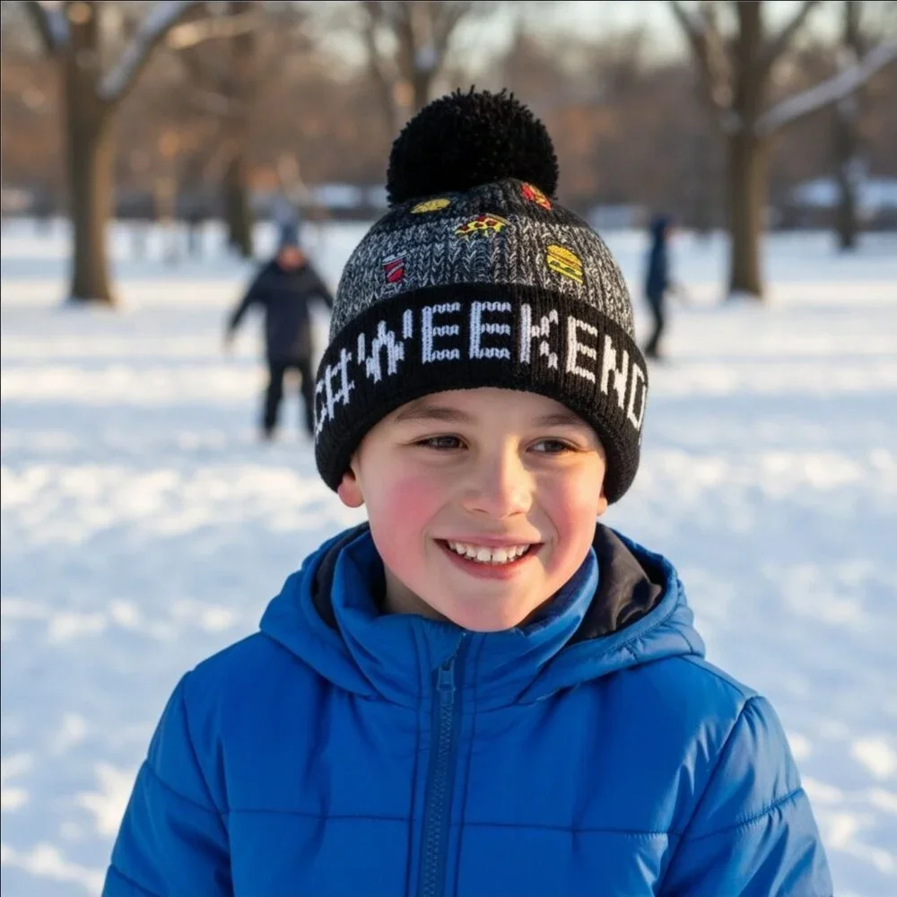 Childrens Place Kids Black Weekend Knit Beanie Hat Food Patches NWT Ages 4-7